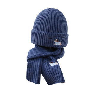 Kids navy knit hat and scarf set with cute dog embroidery and motivational text