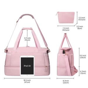 Pink fitness bag dimensions with iPad Air reference and separate small storage pouch