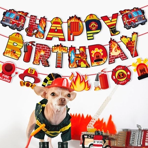 Firefighter birthday party banner and small dog in cute fire chief uniform set