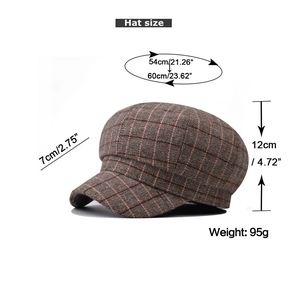 Detailed size chart for plaid newsboy cap showing brim, height and circumference dimensions