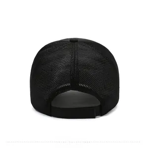 Detail view of the black mesh baseball cap back with adjustable velcro strap
