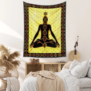 Detail of meditation tapestry showing seven chakra symbols on a yellow polyester fabric