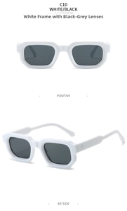 Front and 45-degree side views of retro white square sunglasses with dark grey lenses