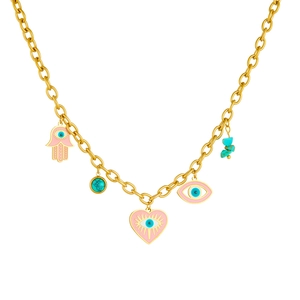 Golden stainless steel necklace featuring Hand of Fatima and evil eye heart pendants