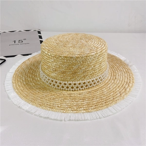 Women Wheat Straw Boater Hat With Faux Artificial Pearl And Fringe Edge Flat Top Summer Beach Sun Hat