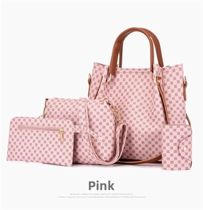 Detailed set of four pink leather bags featuring geometric patterns and brown handles