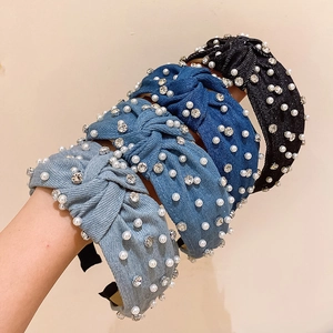 Denim knotted headbands with pearls and rhinestones in various blue and black shades