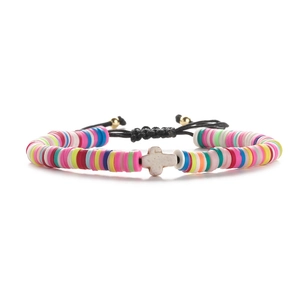 Colorful 6mm clay bead bracelet with white cross and adjustable black braided cord