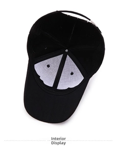 Detail view of the black baseball cap interior showing white lining and reinforced stitching