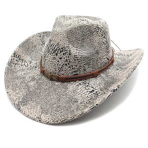 Detail of faux suede cowboy hat with snake print pattern and bronze star buckle