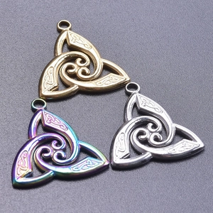 Three-piece stainless steel triquetra celtic knot pendants in gold silver and rainbow