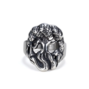 Vintage stainless steel Tree of Life skull ring with oxidized silver and black finish
