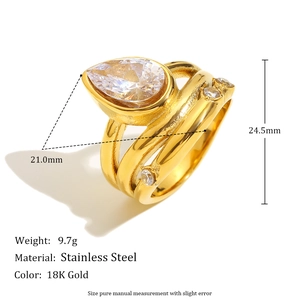 18K gold plated multi-layer stainless steel ring with pear cut zirconia stone