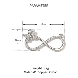 Detailed view of silver infinity charm with butterfly and zircon, 15mm by 12mm size