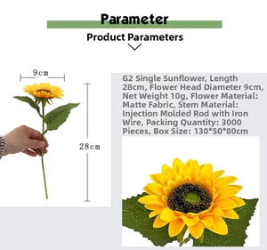 Detail of 28cm artificial sunflower with matte cloth petals and size specifications