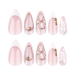 3D floral almond press-on nails with marble texture, gold lines and pearls decoration