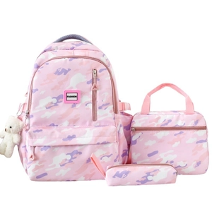 3-piece pink camo school backpack set with lunch bag, pencil case and bear keychain