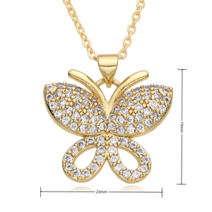 Detailed view of gold butterfly pendant with size labels 19mm height and 23mm width