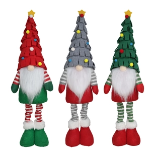 Three long-legged Christmas gnomes in red, green, and gray felt on a white background
