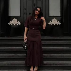 Women Short Sleeve Round Neck Spliced Maxi Dress Knit Patchwork Pleated Chiffon Hem Elegant Casual Chic Fashion