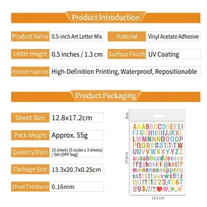 Detail showing 0.5-inch waterproof vinyl alphabet stickers with UV coating and dimensions
