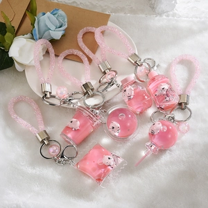 Pink tiger liquid quicksand keychains with sequins and cute cartoon charms for bags