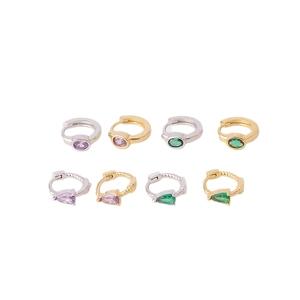 Set of gold and silver hoop earrings with purple and green oval zircon drops
