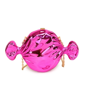 Chic candy-shaped acrylic crossbody bag in metallic rose red with gold chain strap