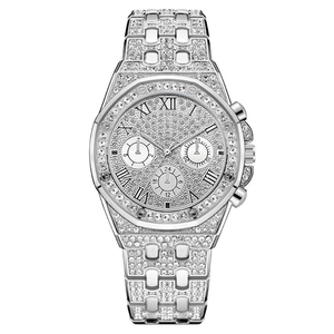 Luxury men's silver steel watch with sparkling rhinestones and roman numeral dial