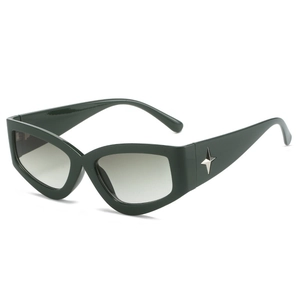 Retro Y2K cat-eye sunglasses in dark green with silver star metal ornaments on the temple