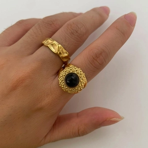 French Vintage 316L Stainless Steel 18K Gold Plated Round Natural Stone Open Adjustable Ring For Women Waterproof Jewelry