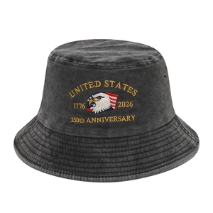 Faded black cotton bucket hat featuring US 250th anniversary embroidery and eagle