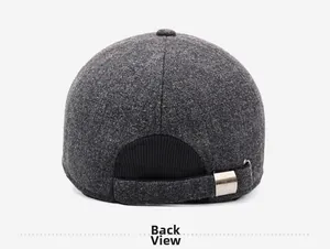 Rear view of dark grey wool baseball cap showing adjustable buckle and knit stitching