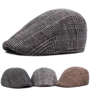 Classic thick wool plaid flat cap for men, stylish autumn winter ivy hat collection