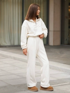 Women's white fleece two-piece set with half-zip sweatshirt and wide-leg trousers