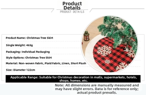 Detail view of 122cm red and black plaid Christmas tree skirt with white snowflakes