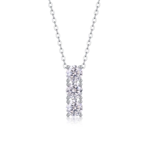 Elegant S925 silver necklace with three-stone vertical moissanite pendant on white background