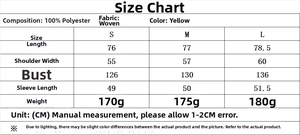Detailed size chart for yellow striped loose shirt showing measurements in CM and 100% polyester