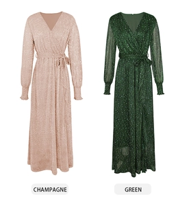 Detail view of V-neck glitter midi dresses in champagne and green with waist ties
