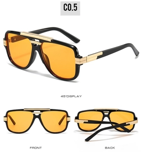 Detailed views of square aviator sunglasses with gold frames and orange tinted lenses