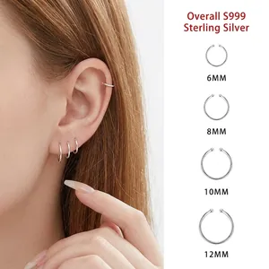 S999 Sterling Silver Minimalist Hoop Ear Clips For Women Small Round Bead Non Pierced Earrings Geometric Jewelry Gift