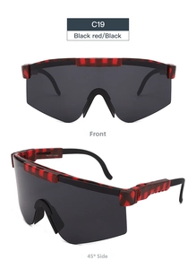 Detail of sports sunglasses with red and black checkerboard frame and dark lenses