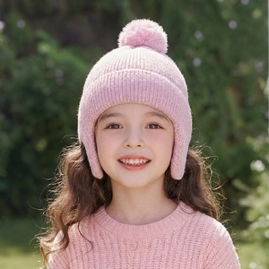 Winter knitted baby beanie with ear flaps and soft pom pom in pastel pink