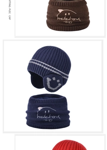 Detail of warm winter knit hat and scarf set with soft fleece lining and embroidery