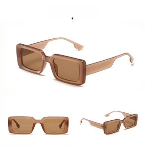 Three-view shots of vintage square tea brown sunglasses with translucent jelly frames