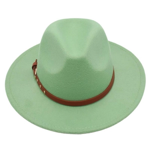 Detail of mint green wool fedora hat featuring a brown leather band and gold studs