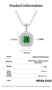 Detail showing S925 silver necklace dimensions and technical parameters with green stone