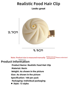 Detailed size view of resin bun hair clip measuring 3.3cm by 2.7cm with 3D food design