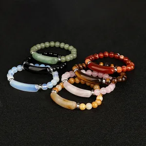Elastic beaded bracelets set with natural rose quartz tiger eye and obsidian stones