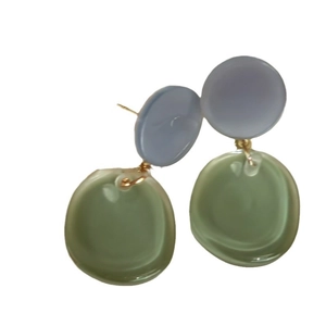 Minimalist resin drop earrings featuring blue and green geometric circular discs